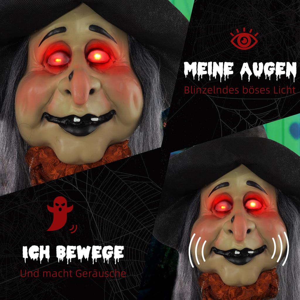 Witch with magic potion, Halloween decoration, creepy sounds, red eyes, movable, 183 cm