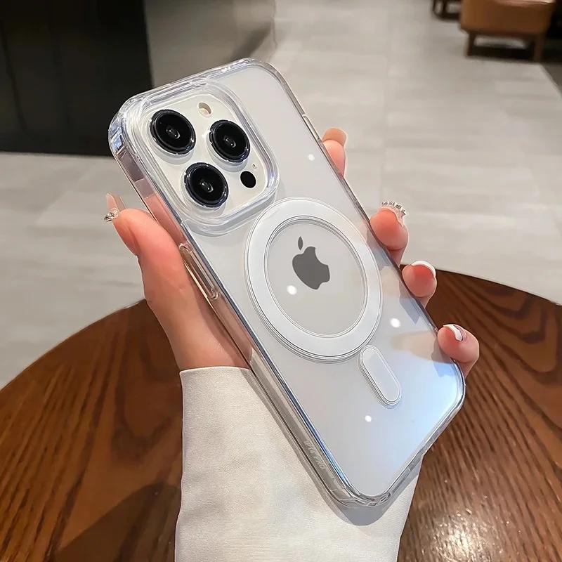 Магнитный прозрачный беспроводной зарядный чехол Magesafe для iPhone 11 12 13 14 15 Pro Max Plus Mini X 7 8 SE противоударный чехол для ПК