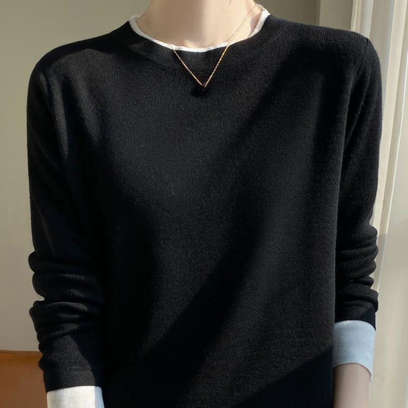 Новый женский свитер, имитация двух частей, шерстяной трикотажный пуловер с длинным рукавом и круглым вырезом, высокая эластичность, женский пуловер, мода, осень-зима