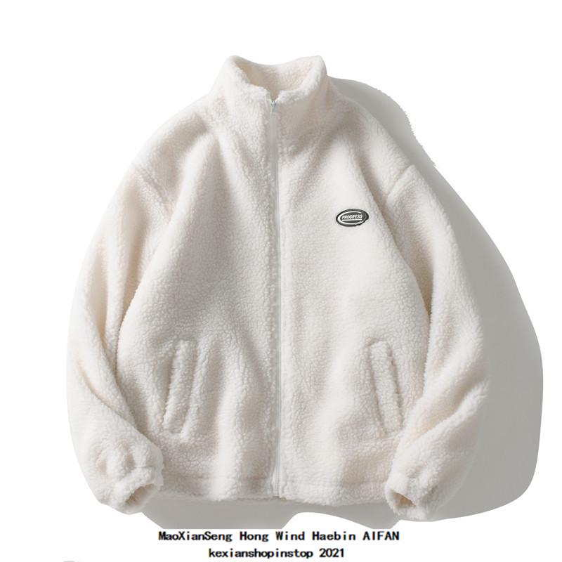 Пальто унисекс из шерсти ягненка с воротником-стойкой, осенне-зимнее, свободного кроя, утолщенный хлопок, однотонное