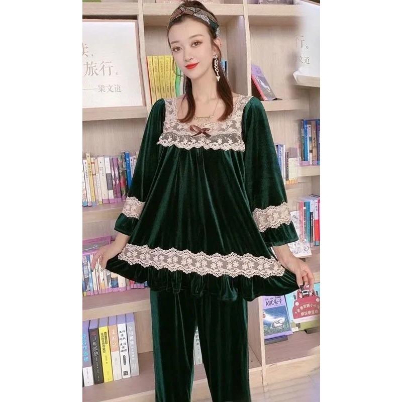 Осенний Холодный Сезон Стиль Кружевная Девятиquarter Рукав Топ Широкие Штаны Домашняя Одежда Домашнее Платье Леопардовый Принт Канареечный Бархат Пижама Комплект Для Женщин