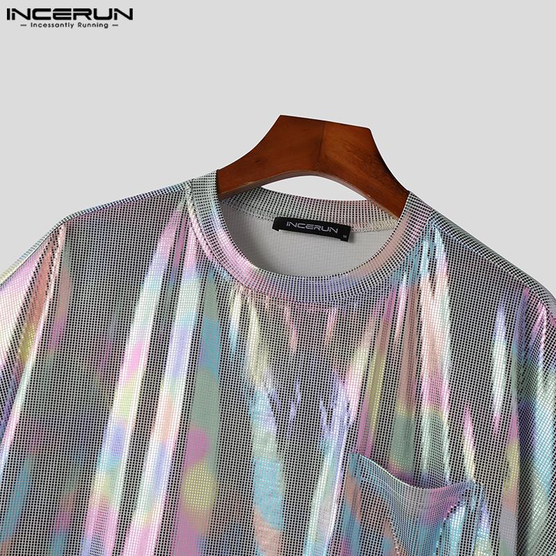 INCERUN Летние мужские блестящие топы с короткими рукавами с круглым вырезом и мокрым эффектом