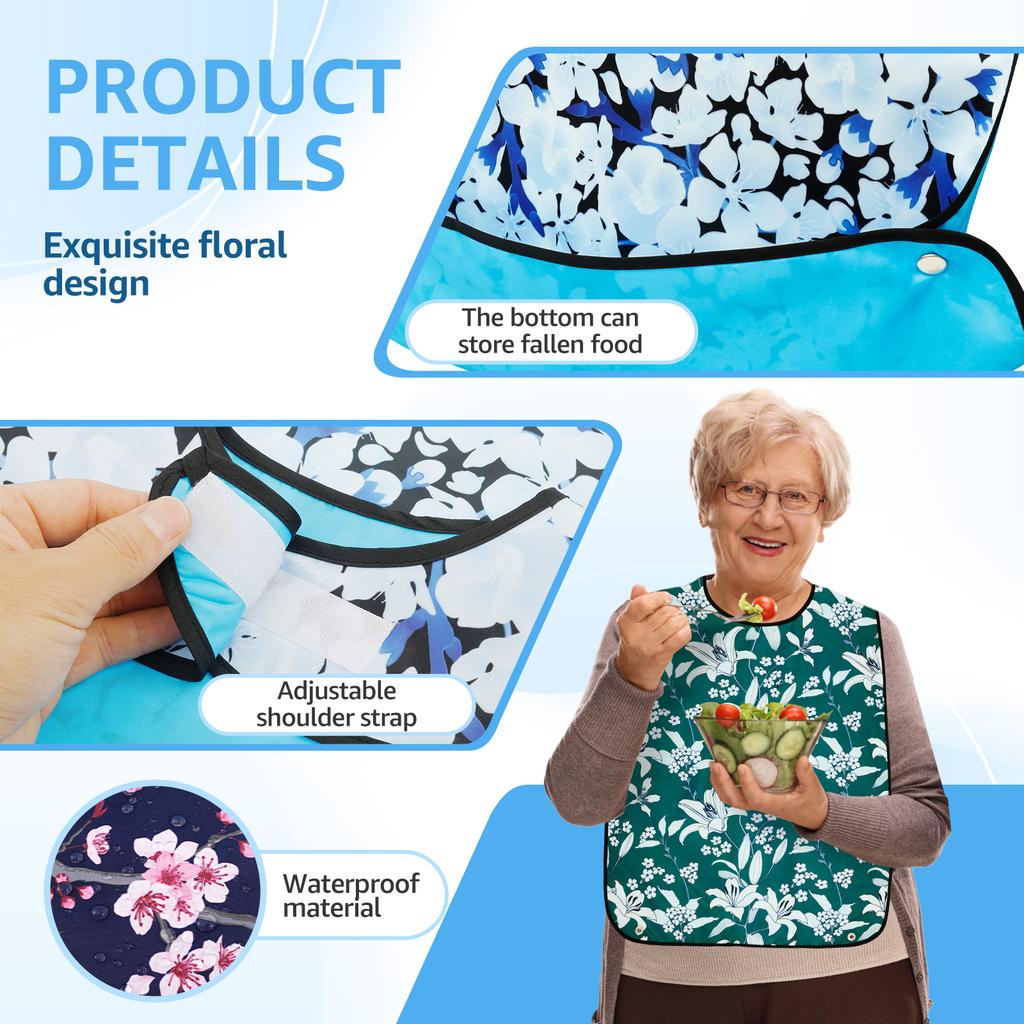 3 Pcs Adult Bib Polyester Waterproof Clothing Protector with Crumb Catcher Exquisite Floral Design Washable Elderly Eating Bib