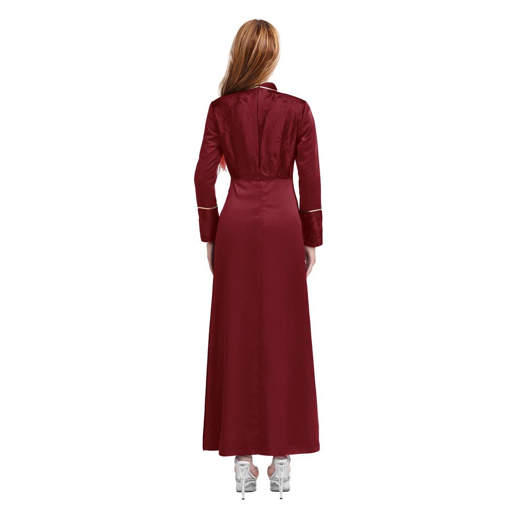 Womens Clergy Long Robe Dress Gold Cross Embroidery Lace Button Decor Stand Collar Long Sleeve Cassock