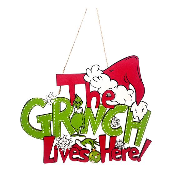 Christmas Hanging Sign Wooden Seasonal Door Wall Sign Santa Hat Green Elf Holiday Decor