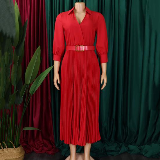 Летнее женское платье с V-образным вырезом и лацканами, трапециевидной формы, рукава три четверти, плиссированная тонкая талия, большие размеры, чистый цвет, длина до середины икры, OL, повседневное платье миди