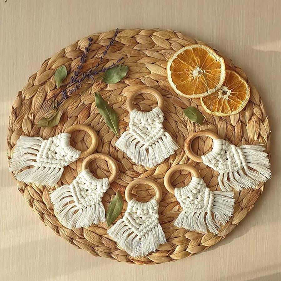 Boho Napkin Rings with Wooden Ring, Handmade Woven Fringe Napkin Holders for Rustic Wedding, Party & Farmhouse Table Decor