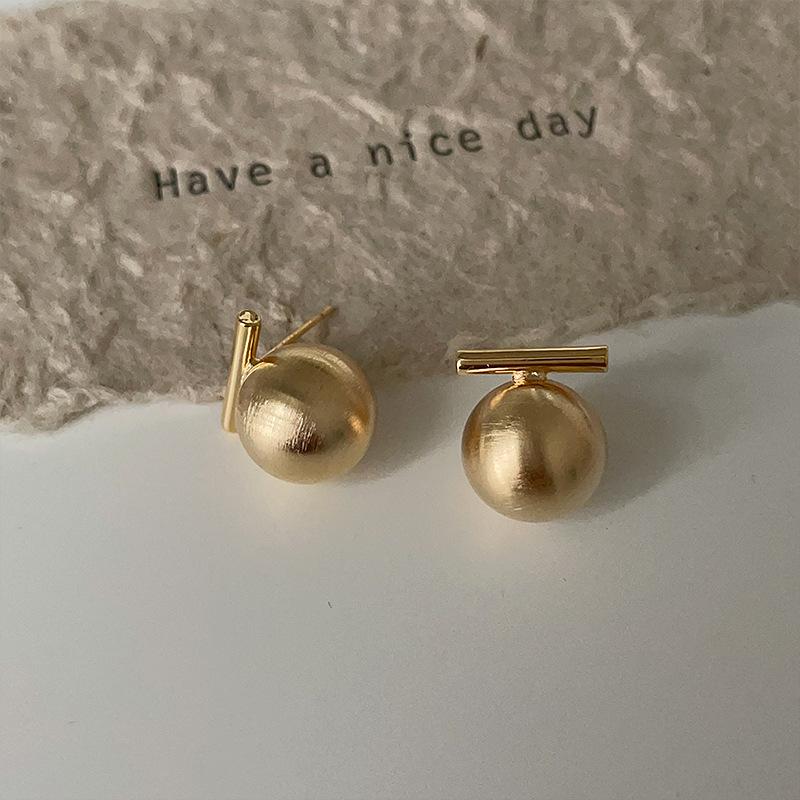 One-Word Brushed Round Metal Ball Stud Earrings Female Niche Simple Personality Fashion Temperament Elegant Versatile Earrings Earrings