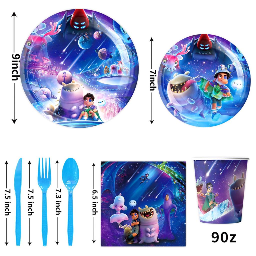 Earth Special Agent Anime Birthday Party Tableware Set: Plates, Cups, Tablecloth, Knives, Decorations.