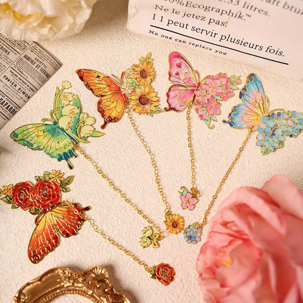 Tassel Chain Book Clip Hollow Flower Flower Painting Bookmark Metal Butterfly Bookmark For Gift