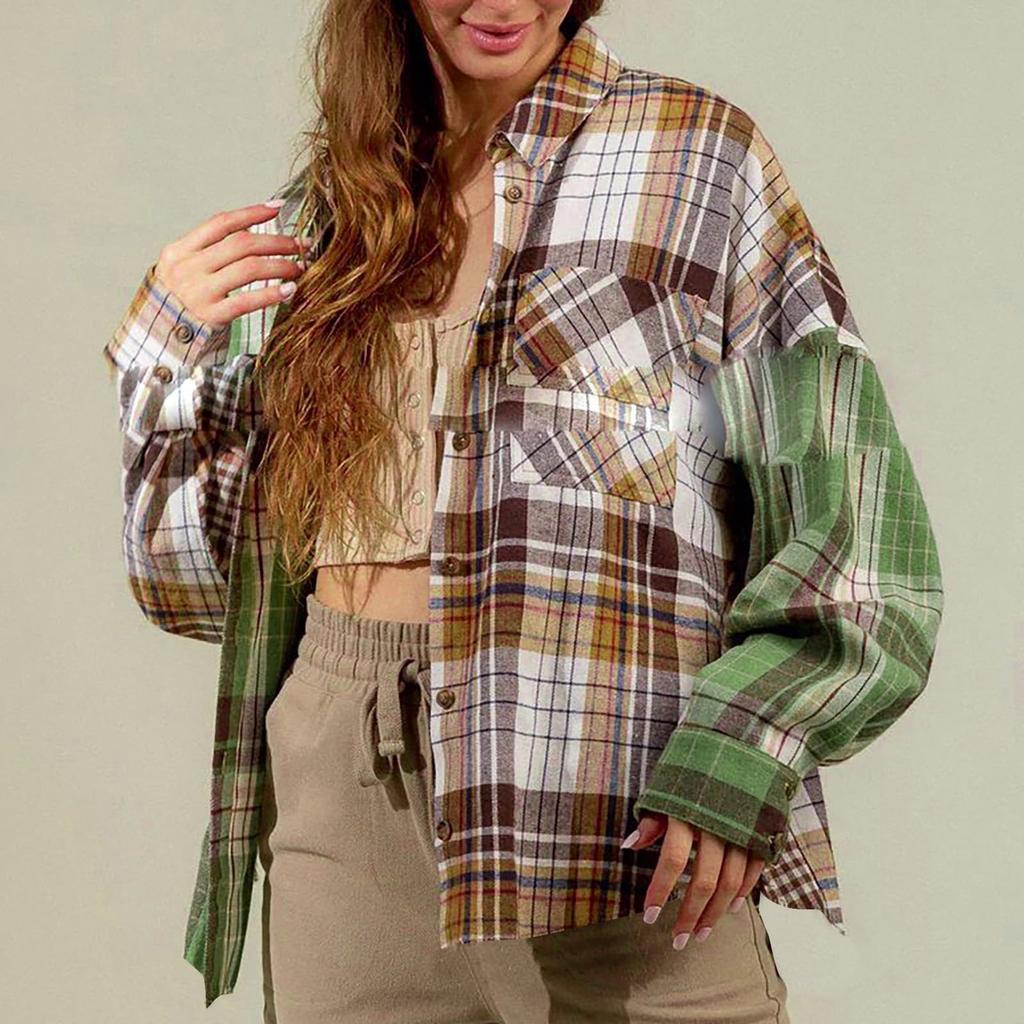 Женская модная клетчатая рубашка с длинным рукавом и карманом на пуговицах