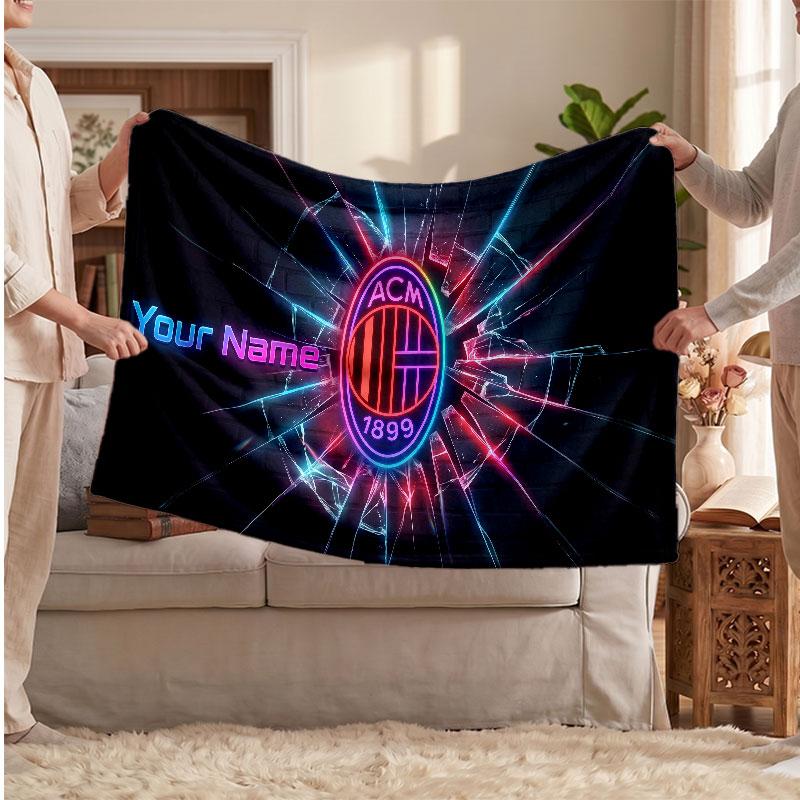 AC Milan Personalized Fleece Blanket With Football Logo, Custom Name Text Soft Warm Home Throw Blanket