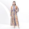 Spring Summer Women Retro Print Lantern Sleeve Single Breasted Loose Long Maxi Holiday Beach Dresses With Belt