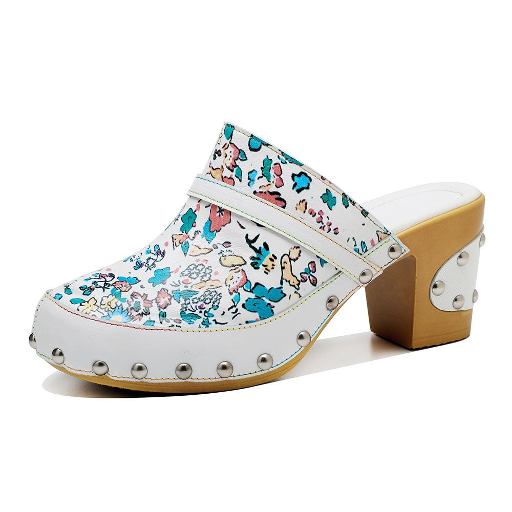 Винтажная женская обувь на высоких каблуках в стиле масляной живописи с цветочным рисунком, туфли без шнуровки из натуральной кожи в стиле ретро с круглым носком