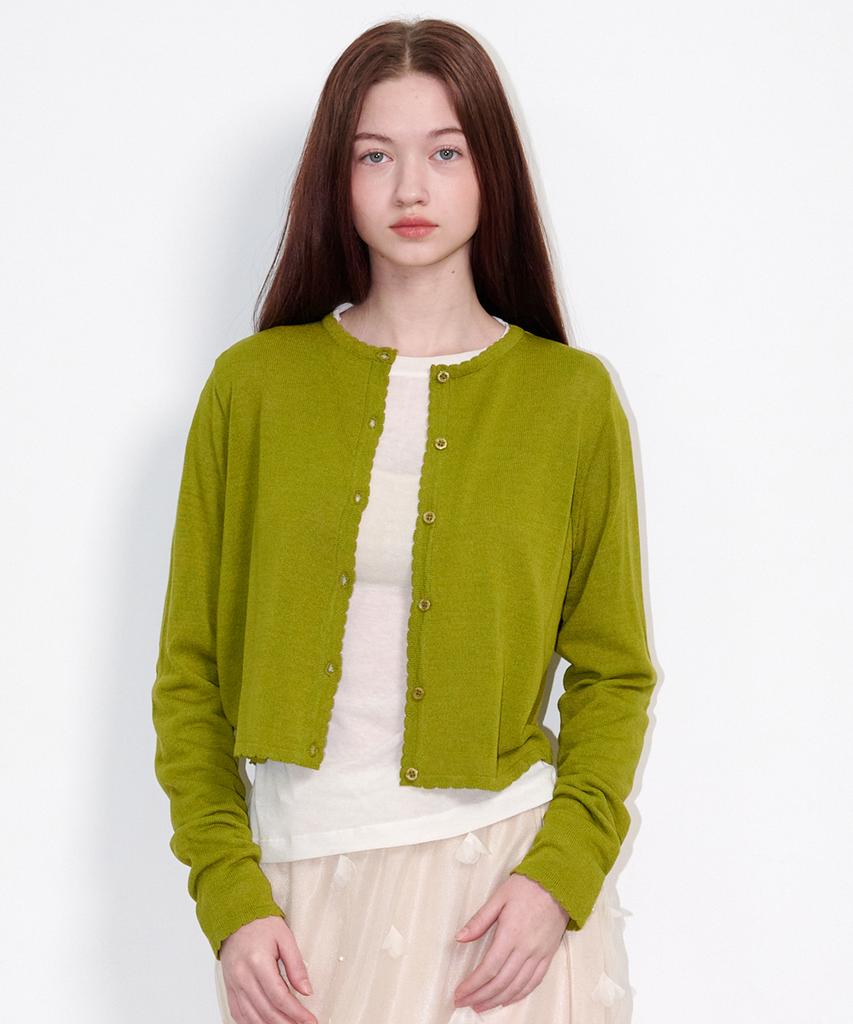 OPENING SUNSHINE Sheer Scallop Linen Cardigan Olive