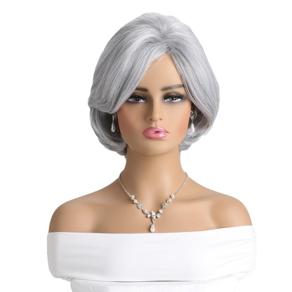 European and American Women's Silver Gray Wig Daily Use Natural Looking Side-parted Short Curly Inward-bent Synthetic Fiber Wig for Elderly Women