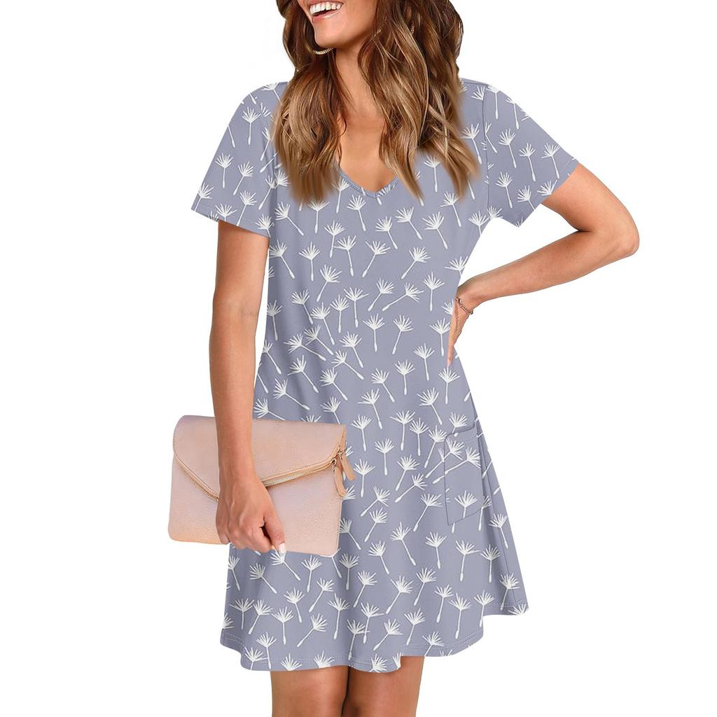 Женское повседневное и модное платье средней длины с V-образным вырезом и коротким рукавом с принтом