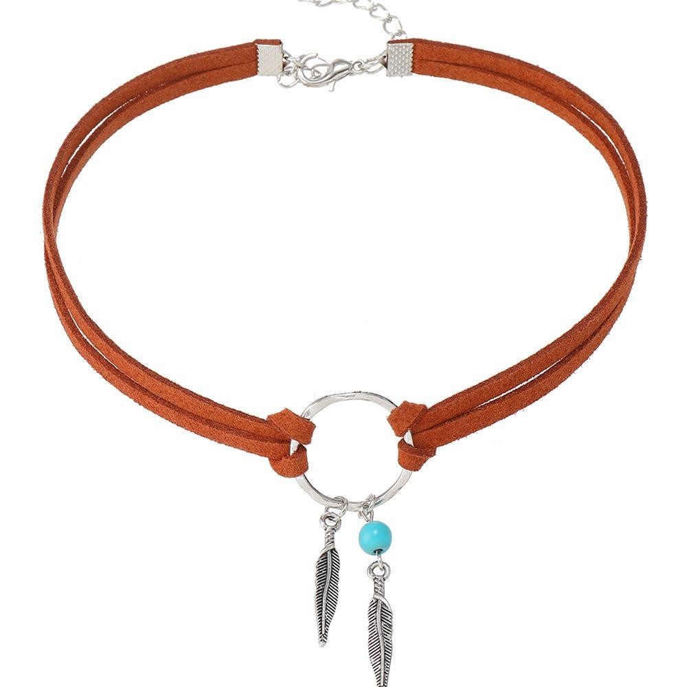 Ethnic Style Turquoise Stone Necklace Woven Rope Bohemian Necklace Trendy Leaf Tassel Choker  Gift