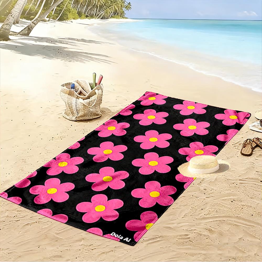 Pink Flowers on Black Background Beach towel quick-drying for travel outdoor sports jogging beach and swimming
