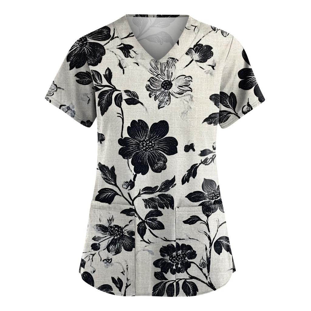 Women's Fashion Short Sleeve Fashion Vintage Floral Print V-Neck Pocket Workwear Tops