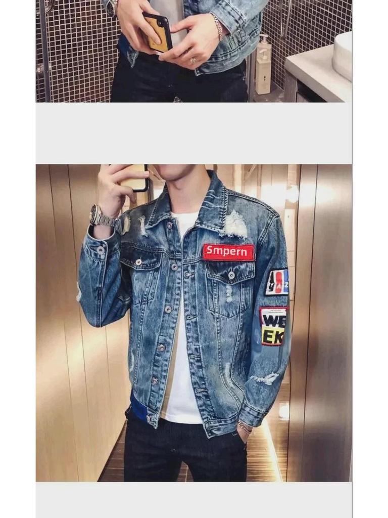 Мужская рваная джинсовая куртка: Модная японская ретро-мода, уличный стиль с вышитой этикеткой, красивый рабочий верх