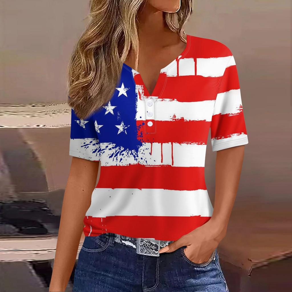 Жен. Футболка Футболка День независимости С принтом Пуговицы С короткими рукавами Повседневные Выходные Мода Классический Классический V-образный вырез Обычный Топ