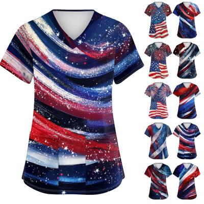 Женская мода V-образный вырез короткий рукав рабочая одежда с карманами День независимости принтованные топы