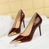 Banquet Shallow Mouth Stiletto High Heels Women's Shoes Pointed Iron Head Decorative Super High Heel Patent Leather Shoes