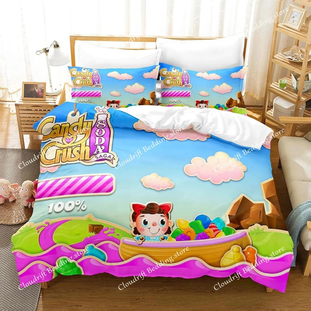 Игровой комплект постельного белья Candy Crush Saga Пододеяльник Наволочка Декор для спальни взрослых Мальчиков Девочек Подарок на день рождения Односпальный Двуспальный Размер026