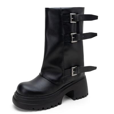 Роскошные женские полусапоги до середины икры, круглый носок, толстый каблук 7,5 см, платформа, слипоны, ремешки с пряжками, большие размеры 43 44 45, ретро боты