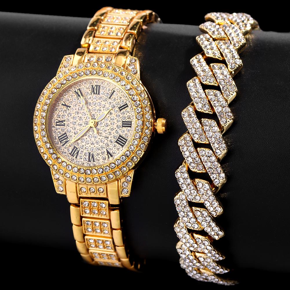 Мужской браслет-цепочка в стиле хип-хоп с кубинскими звеньями и наручными часами, блестящая цепочка со льдом, полный горный хрусталь, хрустальные браслеты, ювелирные изделия