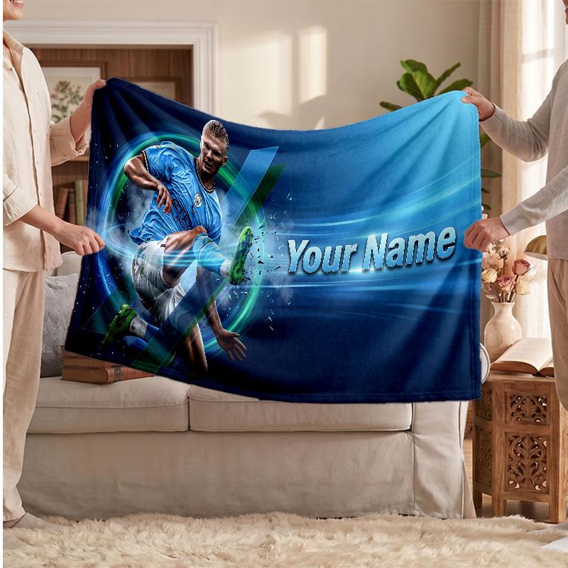 Erling Haaland Personalized Fleece Blanket With Football Logo, Custom Name Text Soft Warm Home Throw Blanket