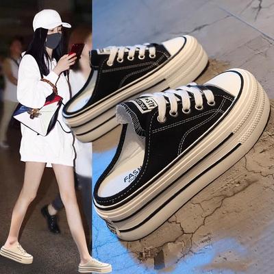 Баотоу полутапочки женские уличные 2025 новые женские без каблука ленивые парусиновые кеды на платформе повседневные тапочки тренд