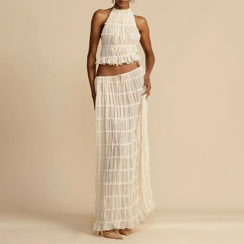 Женский легкий дышащий однотонный сексуальный кружевной топ и юбка с открытой спиной, комплект из двух предметов, свободное платье для отдыха на море