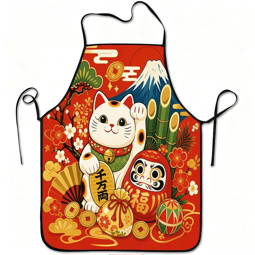 1pc Lucky Cat & Daruma Print Apron with Lucky - Non-Adjustable Waistband, Easy-Clean Polyester Suitable for Kitchen Cooking, Gardening, Orchard Pickin