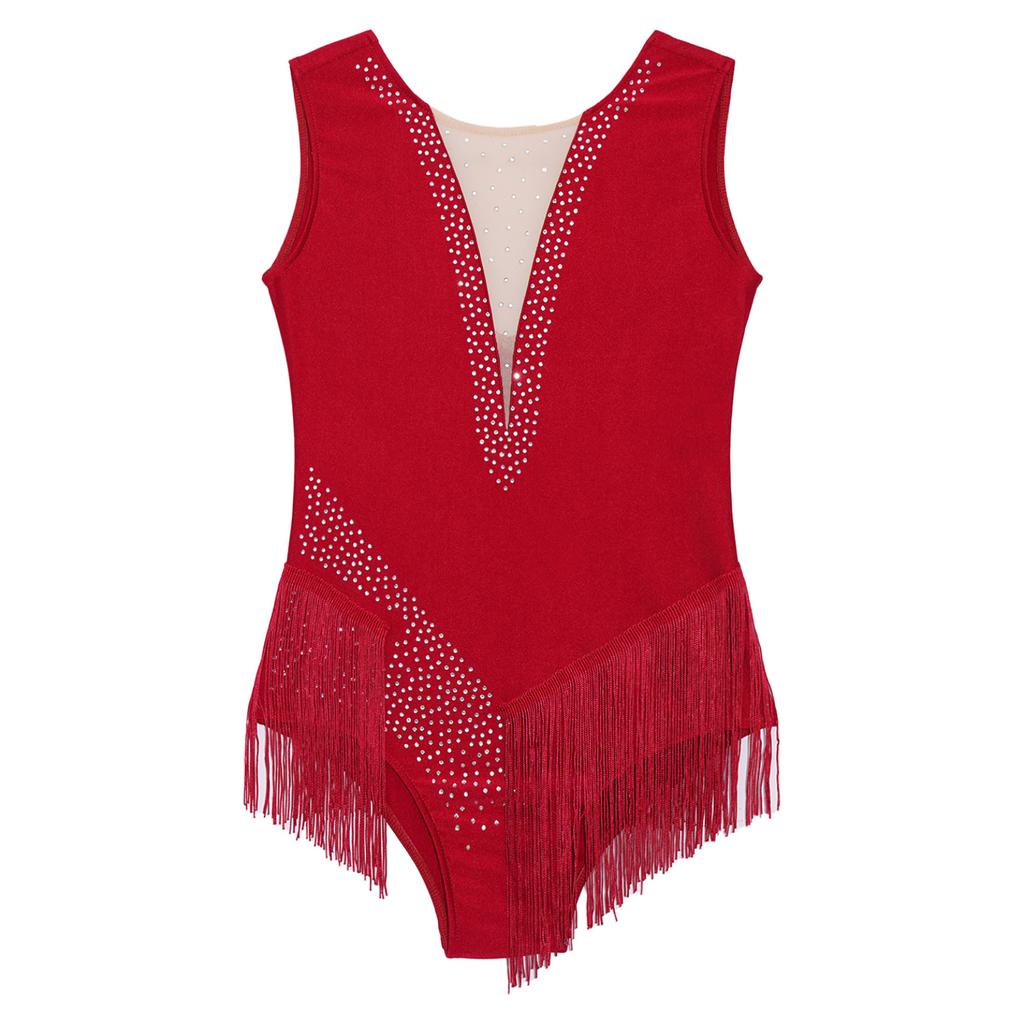 Kids Girls Shiny Figure Skating Sleeveless Leotard Rhythmic Gymnastics Fringed Bodysuit