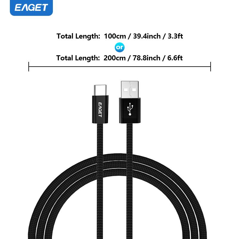 EAGET Кабель для быстрой зарядки 3A USB-A - USB-C, 66 Вт, 1 м/2 м, 48-жильный плетеный провод, скорость передачи данных 480 Мбит/с, совместим с устройствами Android