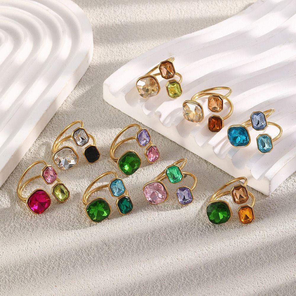 Rhinestone Open Ring Stainless Steel Fashion Ring Colorful Waterproof Ring For Women