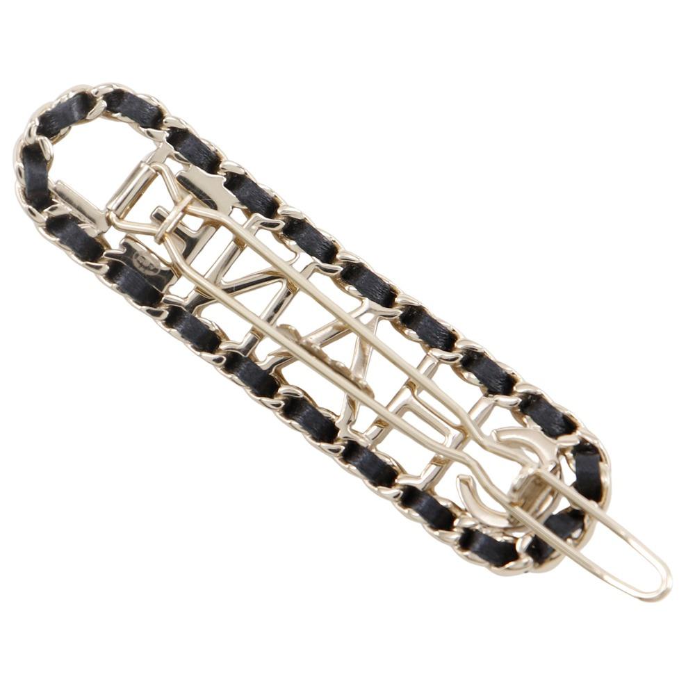 Chanel Заколка для волос с логотипом CHANEL Valletta Chain из черной кожи/позолоченная Женская Б/У