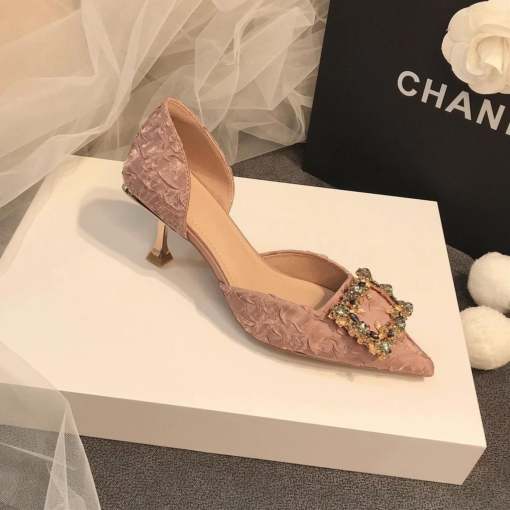 New Square Buckle Rhinestone Temperament High Heels Women Are Not Tired Feet Thin Heels Pointed Single Shoes Wedding Shoes Bridesmaid Shoes