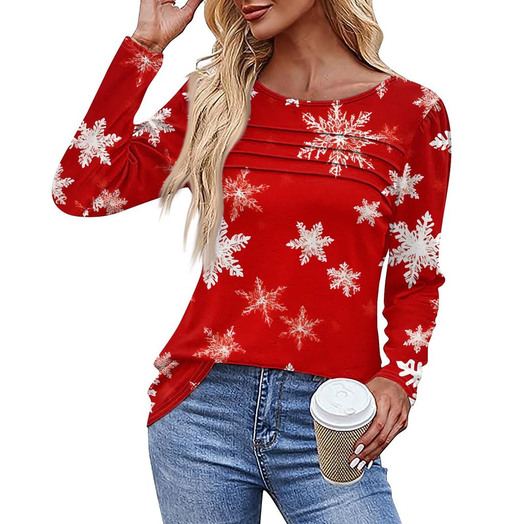 Женская повседневная модная футболка с круглым вырезом и длинными складками на Рождество