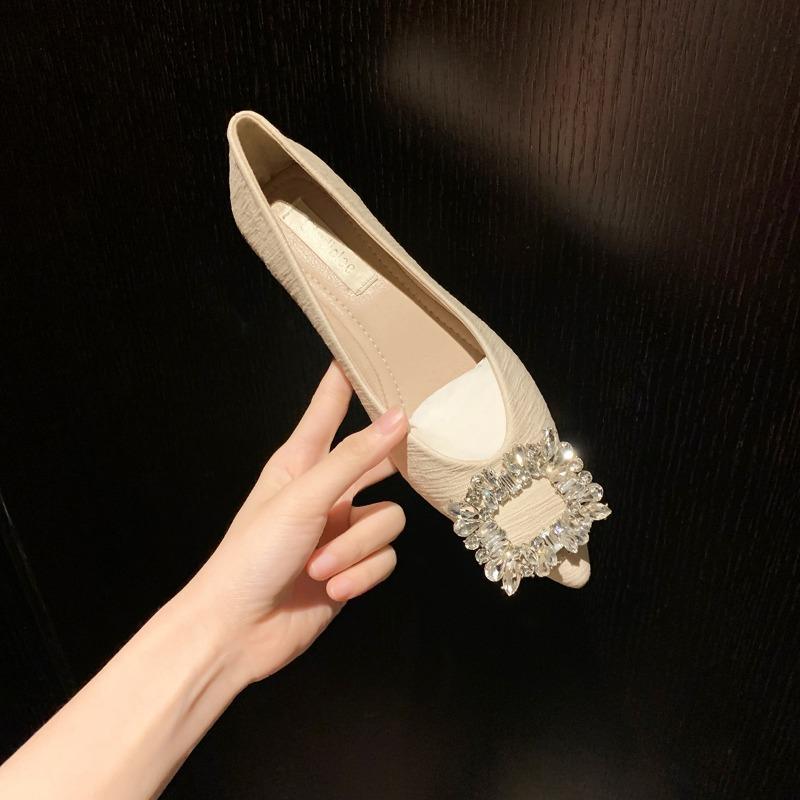 Premium square buckle rhinestone pointed head shallow mouth fairy flat shoes women's single shoes