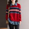 Fake Two Pieces Sweaters Cowboy Shirt Patchwork Lapel Knit Sweater for Autumn Winter Korean Women's Pullover Trend
