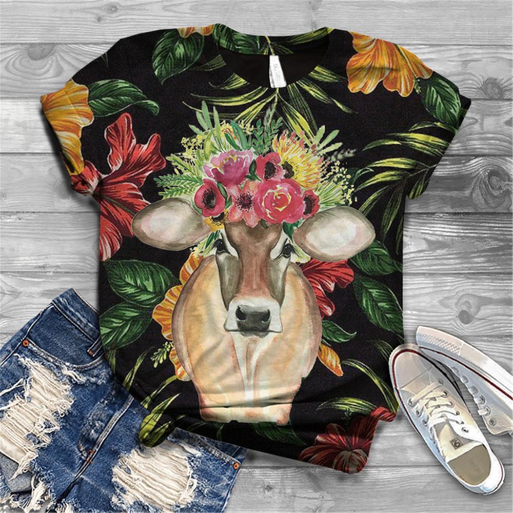 Женская футболка с коротким рукавом, летняя повседневная анимационная лошадь, цифровой 3D принт, сексуальный топ с диагональным воротником, свободный женский пуловер