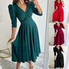 Лето 2025 Однотонное платье-свинг с V-образным вырезом, завязкой на талии и рукавами-буфами для работы