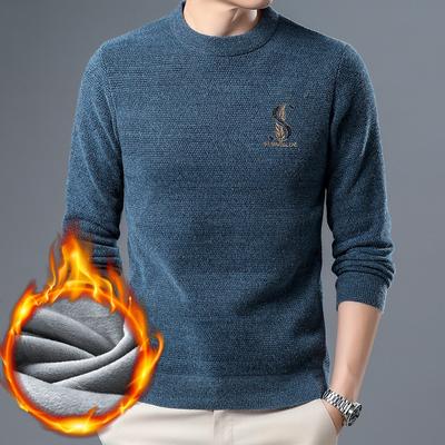 Зимний новый мужской бархатный вязаный свитер, модный универсальный повседневный вязаный свитер с вышивкой и круглым вырезом