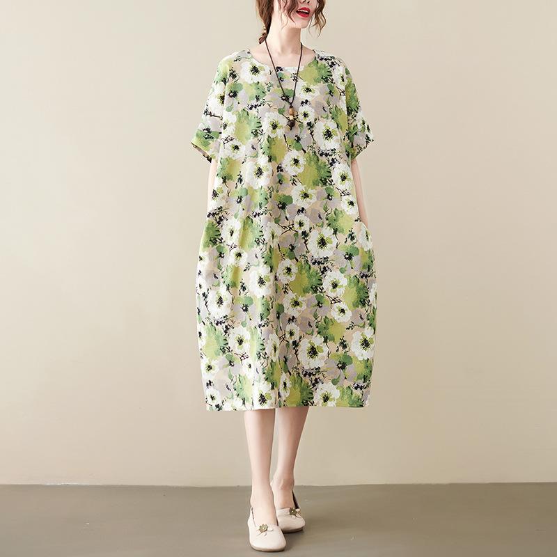 Летнее свободное облегающее хлопковое льняное художественное ретро платье с короткими рукавами средней длины