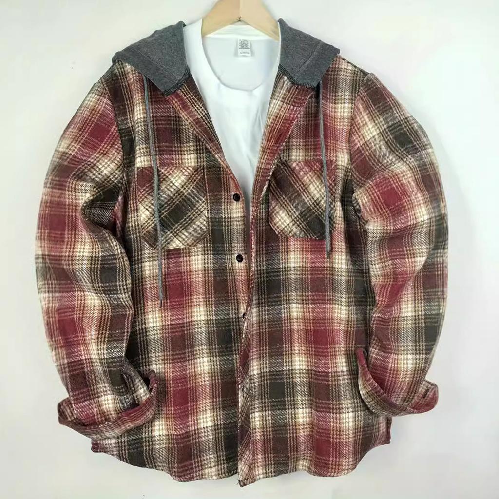 Men's Striped Plaid Casual Loose Button Lapel Long Sleeve Hooded Cardigan Shirt Jacket