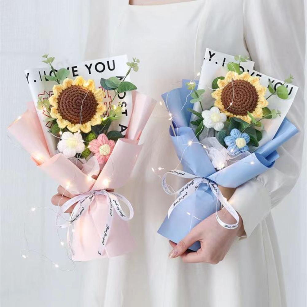 Handmade Hand-woven Sunflower with Bag Knitted Flowers Bouquet Simulation Flower Teachers' Day