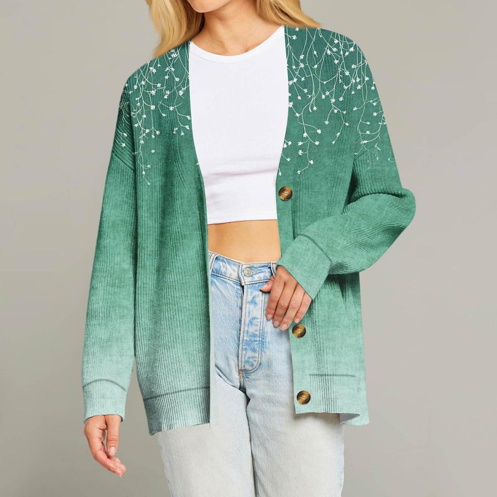 Women's Fashion Long Sleeve Print V-Neck Button Loose Cardigan Top